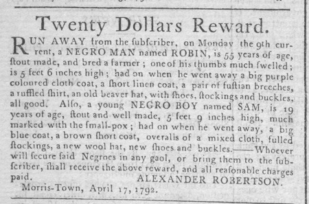 1792 New Jersey advertisement to recover escaped slaves Robin and Sam.